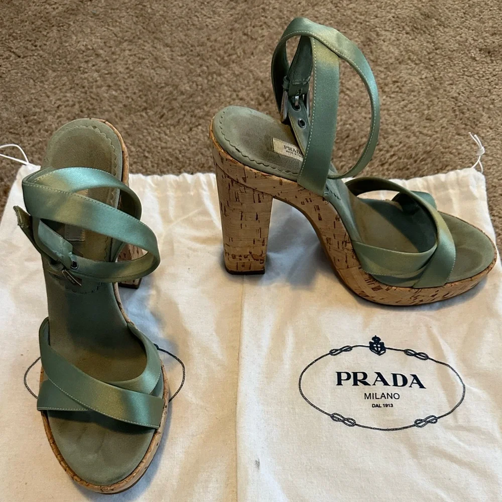Prada Vintage 2004 Sage Satin Cork Platform Heels - Picture 5 of 5